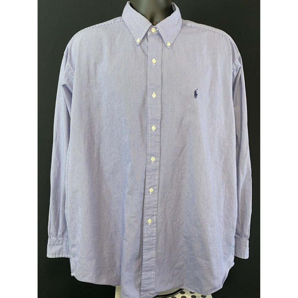 Ralph Lauren Shirt Mens XL Blue Micro Check 100% Cotton 2 Ply Button Up Blake